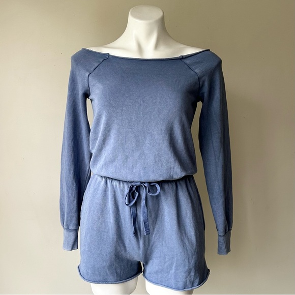 Aerie Soft Terry Fleece Long-Sleeve Lounge Shorts Romper, Blue XXS - Picture 3 of 9